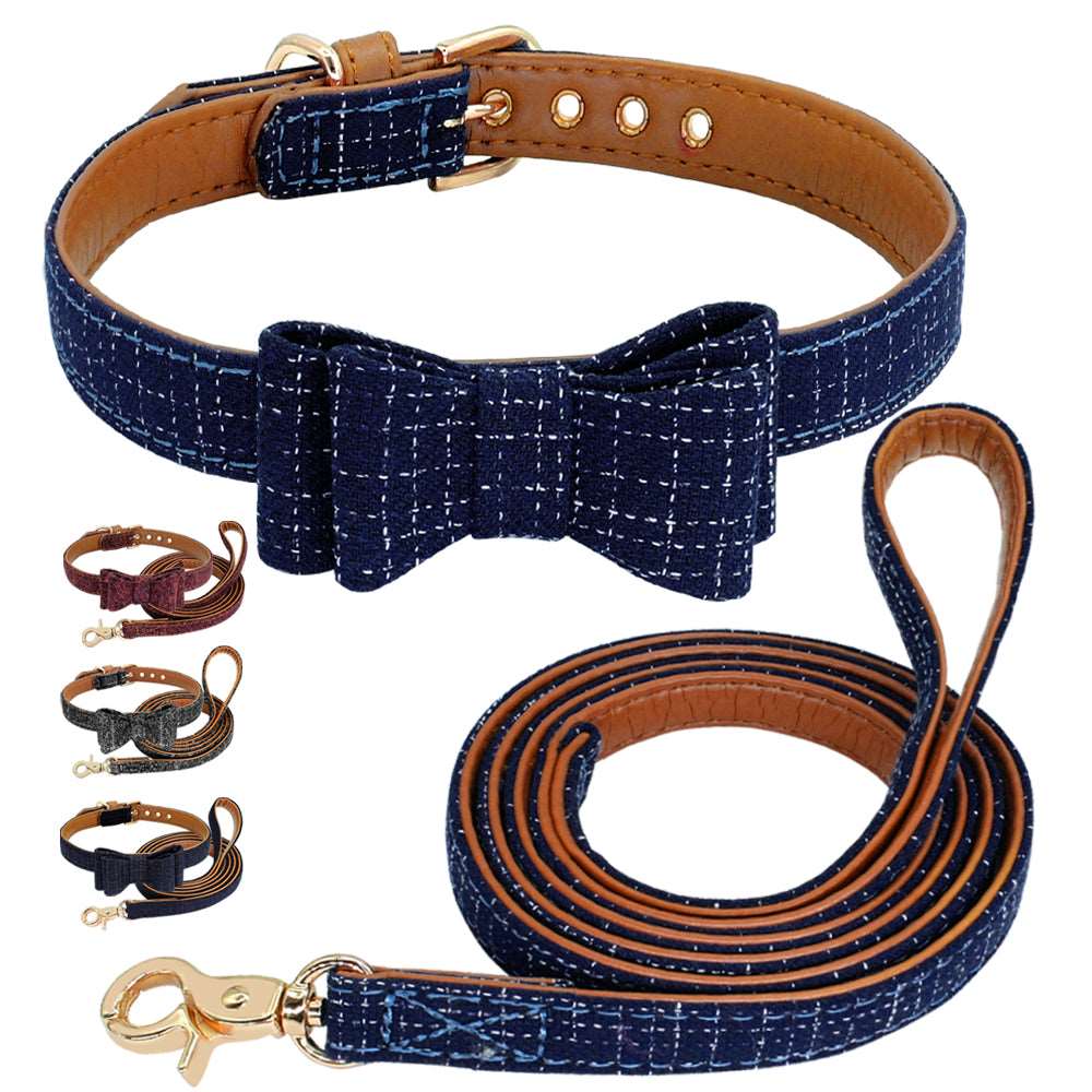 Plaid Bowknot Dog Collar Leather Leash Set.