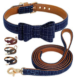 Plaid Bowknot Dog Collar Leather Leash Set.