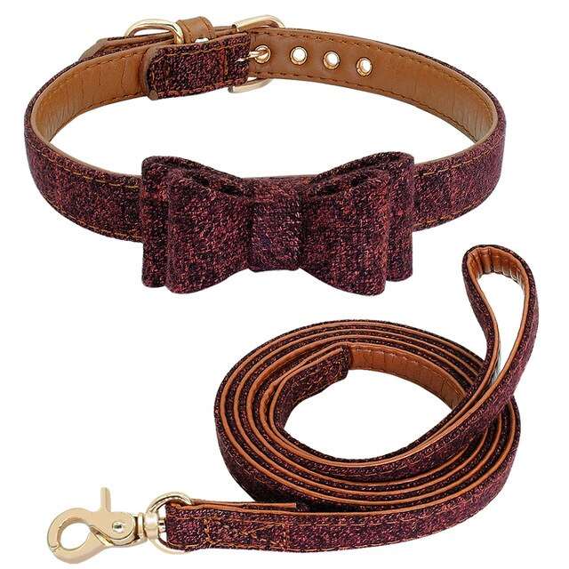 Plaid Bowknot Dog Collar Leather Leash Set.
