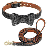 Plaid Bowknot Dog Collar Leather Leash Set.