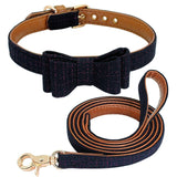 Plaid Bowknot Dog Collar Leather Leash Set.