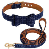 Plaid Bowknot Dog Collar Leather Leash Set.