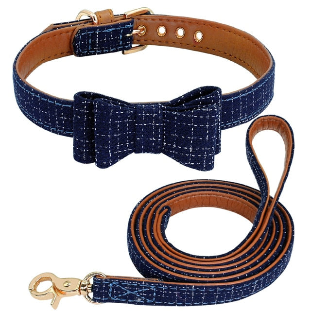Plaid Bowknot Dog Collar Leather Leash Set.