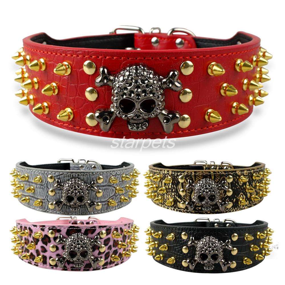Gold Skull Spiked Leather Collar