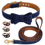 Plaid Bowknot Dog Collar Leather Leash Set