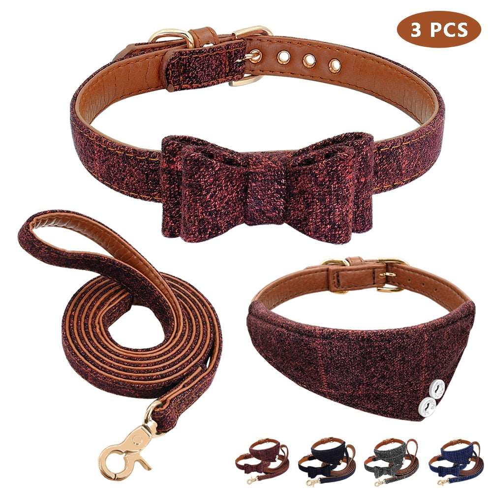 Leather Bowtie Dog Collar Set