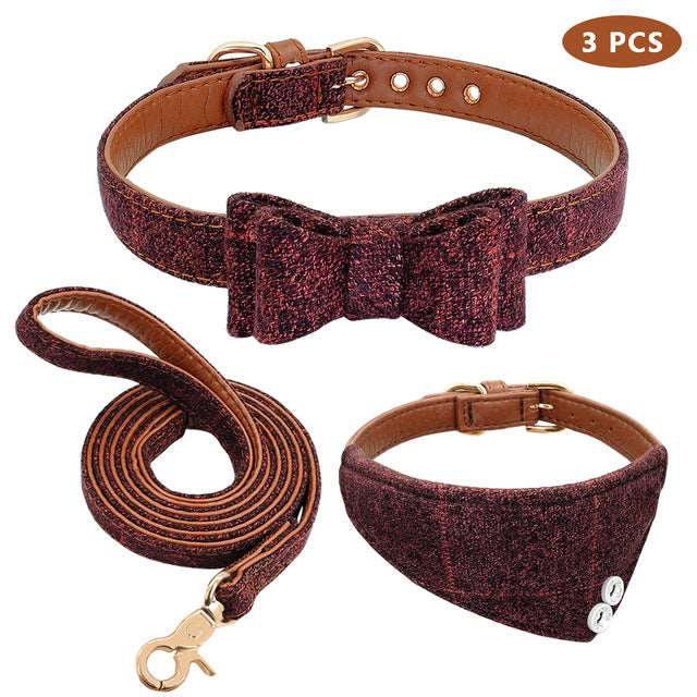 Leather Bow tie Dog Collar Set.