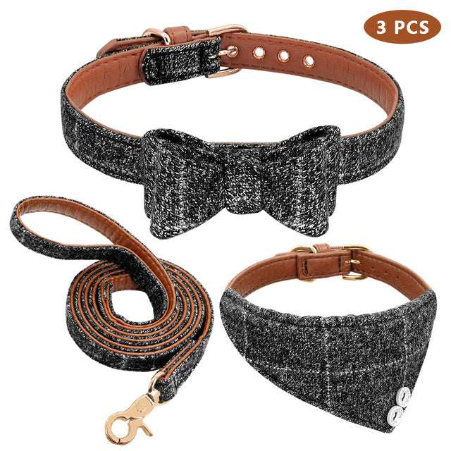 Leather Bow tie Dog Collar Set.