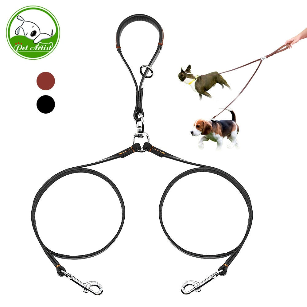 Genuine Leather Dog Double Leash.