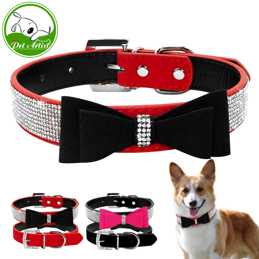 Soft Suede Leather Rhinestone Dog Collar.