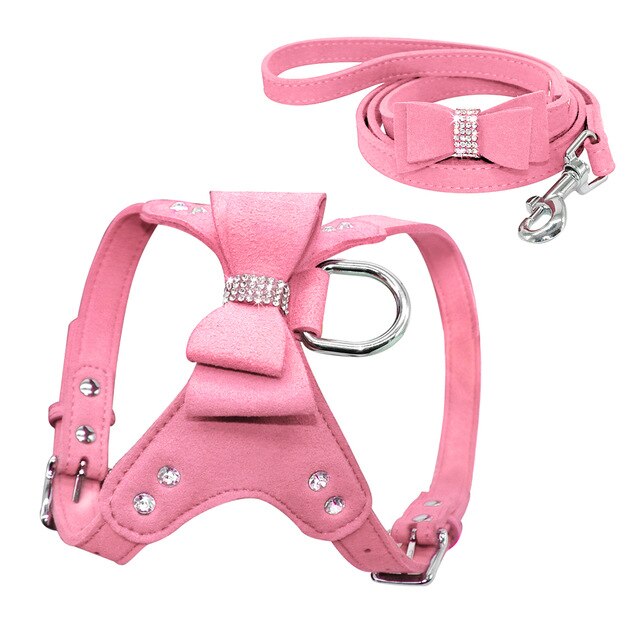 pink leather dog harness and leash set