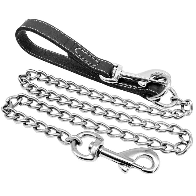chain dog leash with leather handle